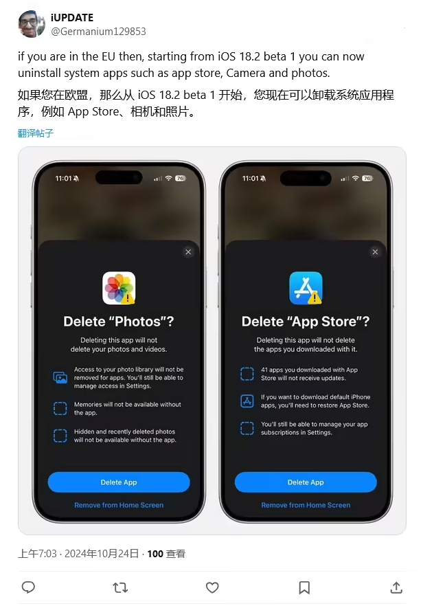 大埔苹果手机维修分享iOS 18.2 支持删除 App Store 应用商店 