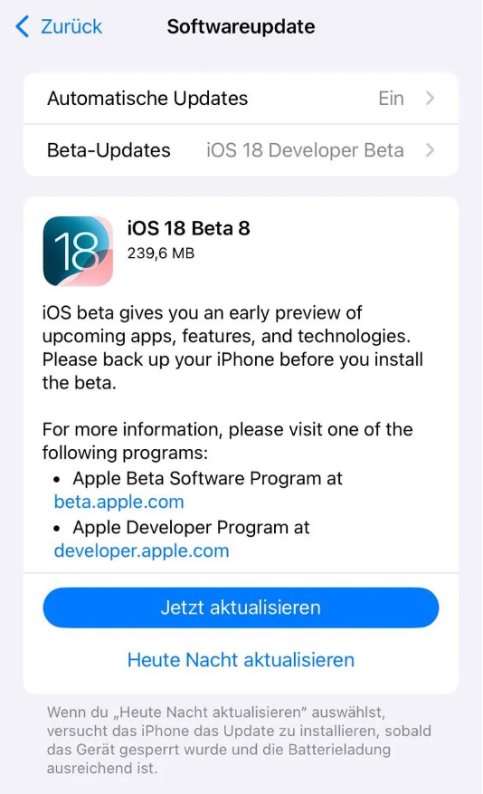 大埔苹果手机维修分享苹果 iOS / iPadOS 18 开发者预览版 Beta 8 发布 